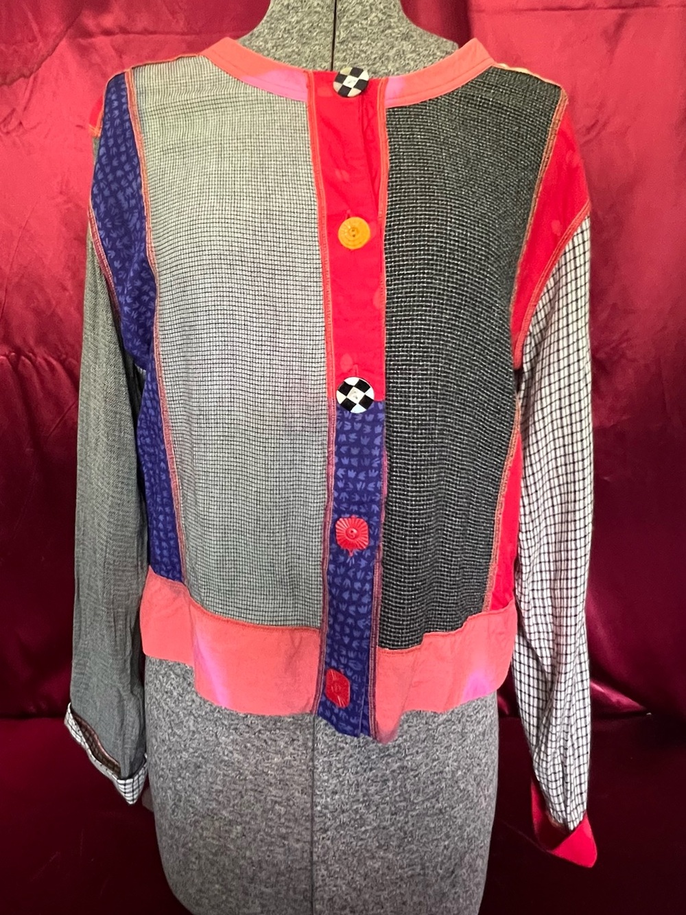 Patchwork Button-Front Women's Cardigan - Pink Multicolor
